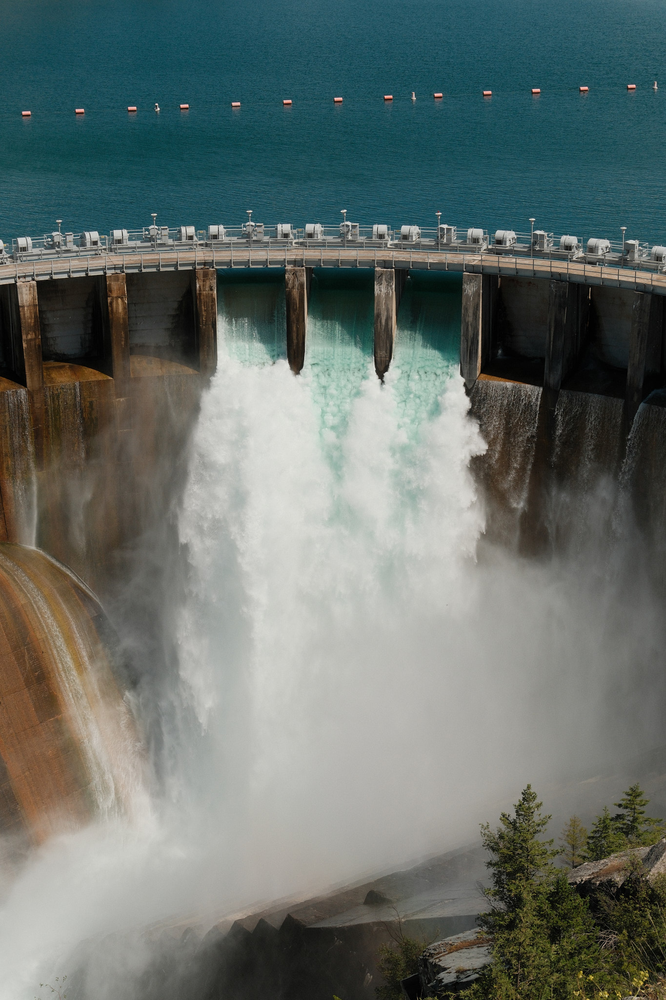 A closeup at the water rushing out of Kerr dam