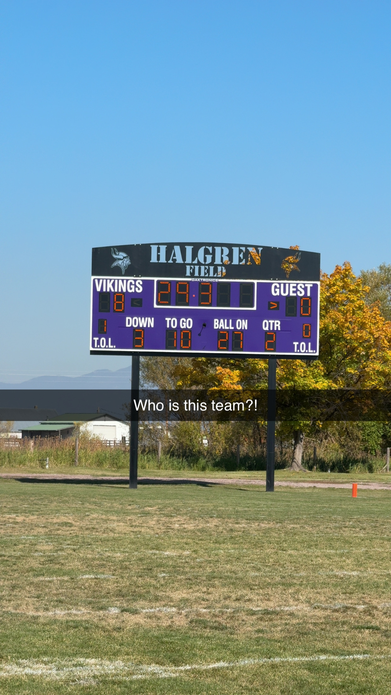 The football scoreboard with the Vikings, the home team, up eight to nothing with 29.3 seconds left in the first half. A caption over the photo reads, Who is this team?!