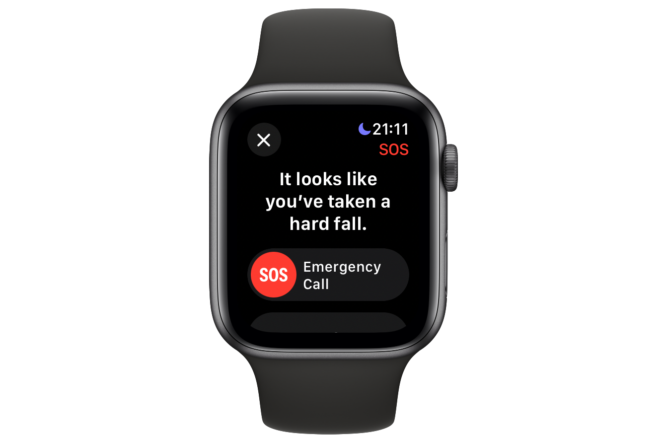 Screenshot from an Apple Watch with the text 'It looks like you've taken a hard fall.'