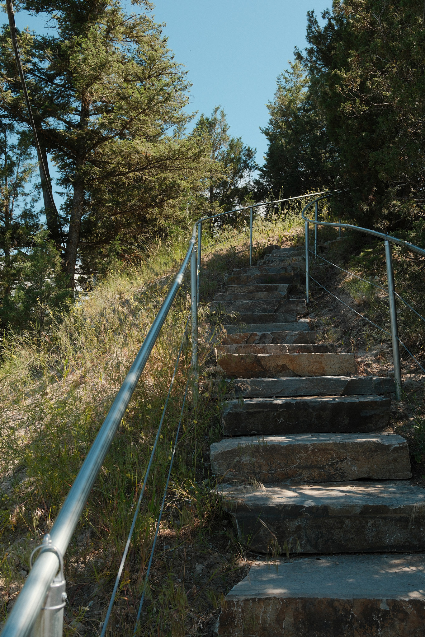 Looking up at the steep stone steps leading out of the view point