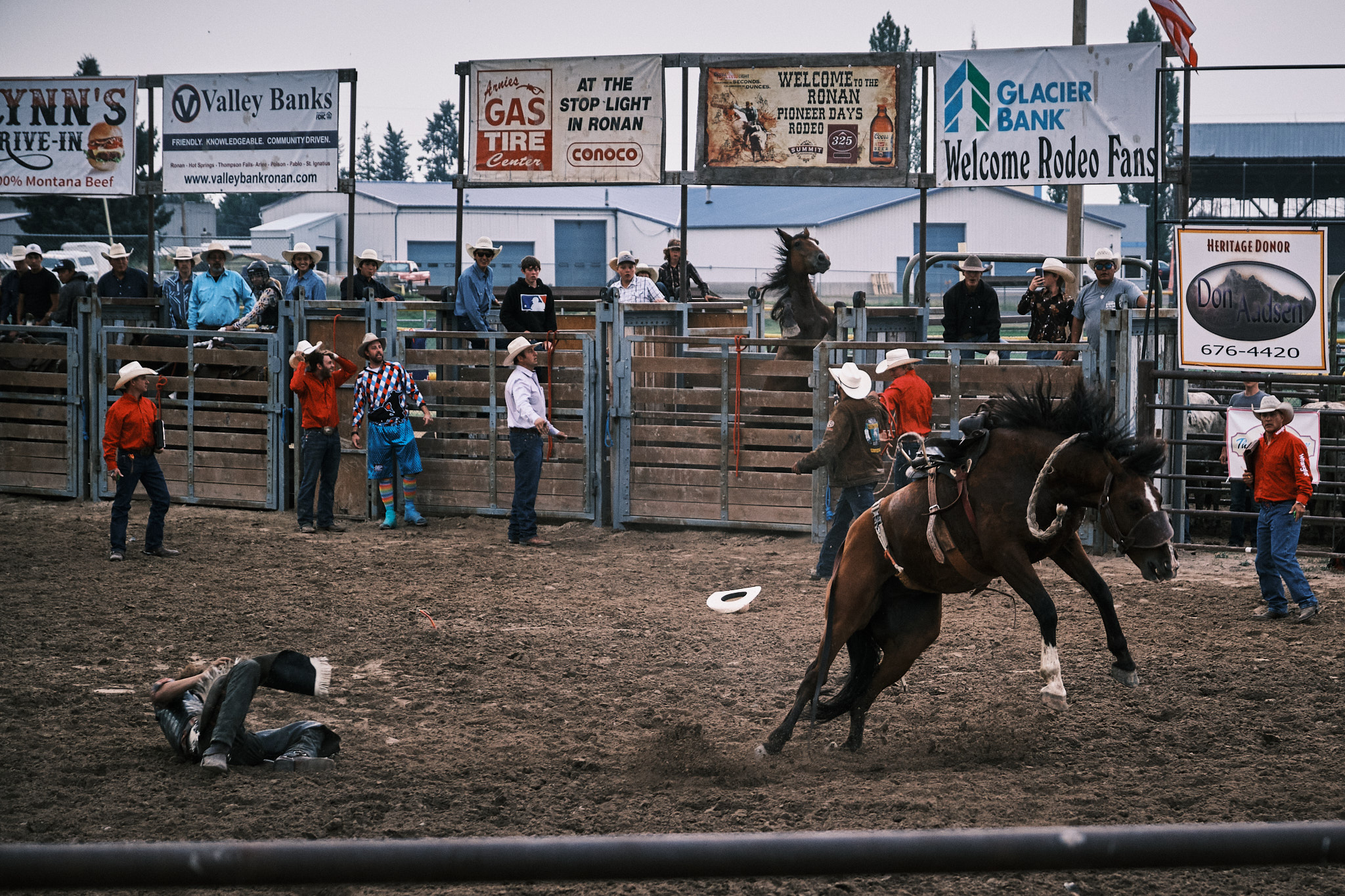 A cowboy on the ground as his horse runs away